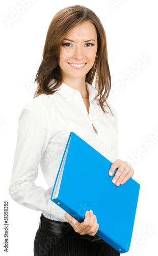 Photo: Smiling businesswoman with blue folder, isolated Smiling businesswoman with blue folder, isolated