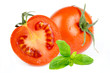 Tomatoes with green leaves and basil isolated on white 