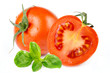 Tomatoes with green leaves and basil isolated on white 
