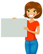 smiling girl holding a blank placard