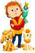 Boy dog cat parrot character cartoon style vector illustration