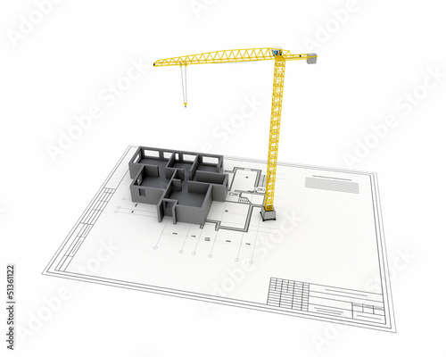 Illustration: building construction on blueprint building construction on blueprint