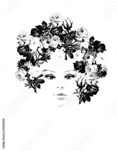 Illustration: ritratto di donna con rose nei capelli ritratto di donna con rose nei capelli