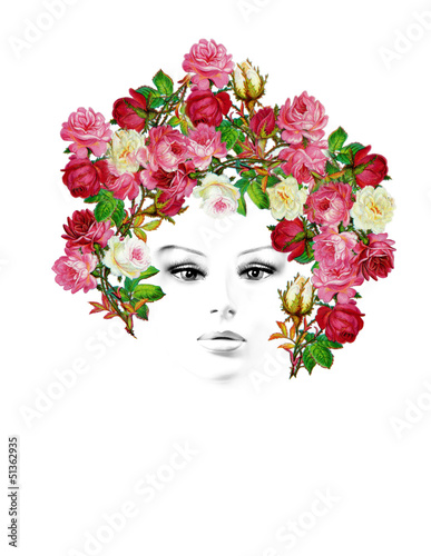 Illustration: ritratto di donna con rose vintage ritratto di donna con rose vintage