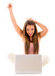 Surprised woman with arms up