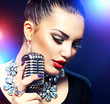 Singing Woman with Retro Microphone
