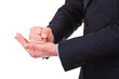 Businessman gesturing with both hands.