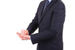 Businessman gesturing with both hands.