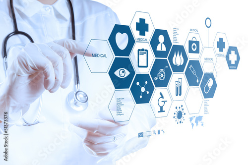 Illustration: Medicine doctor hand working with modern computer interface Medicine doctor hand working with modern computer interface