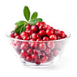 Glass bowl with cranberries on white background