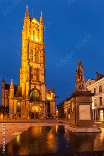 Photo: Saint Bavo Cathedral in the evening. Sint-Baafsplein, Ghent, Bel Saint Bavo Cathedral in the evening. Sint-Baafsplein, Ghent, Bel