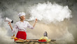 Asian female cook holding megaphone
