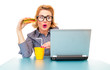Funny business woman eating sandwich on work