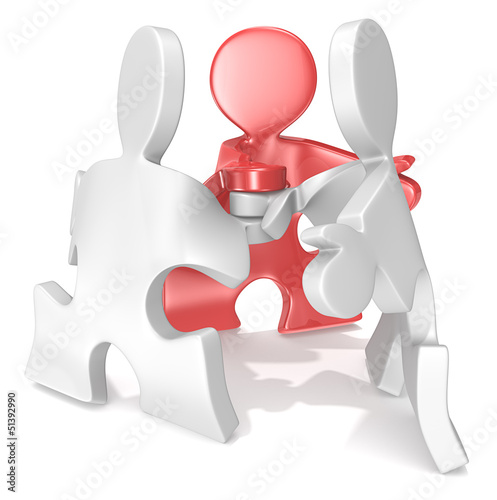 Illustration: Project management. Puzzle People x3 in a team pose. One Red. Project management. Puzzle People x3 in a team pose. One Red.