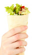 Hand holding kebab - grilled meat and vegetables, wrapped in