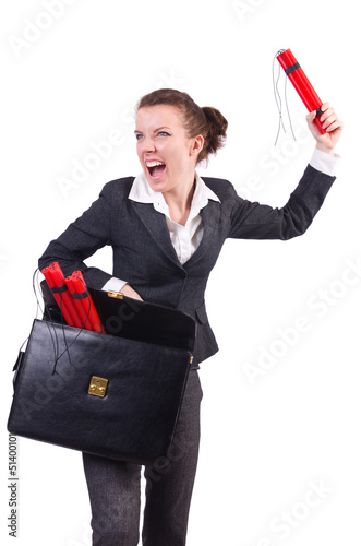 Photo: Businesswoman with dynamite on white Businesswoman with dynamite on white