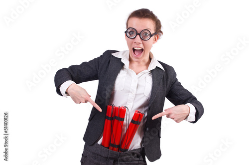 Photo: Businesswoman with dynamite on white Businesswoman with dynamite on white