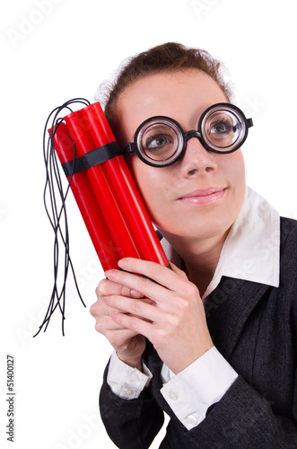 Photo: Businesswoman with dynamite on white Businesswoman with dynamite on white