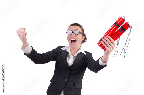 Photo: Businesswoman with dynamite on white Businesswoman with dynamite on white