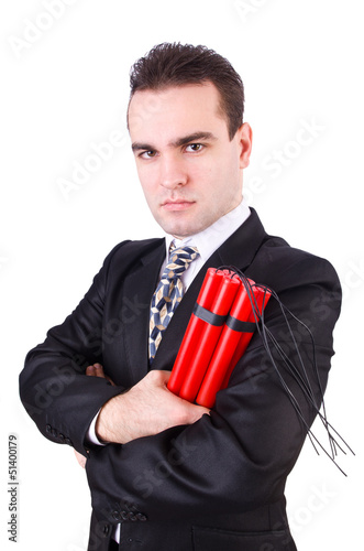 Photo: Businessman with dynamite isolated on white Businessman with dynamite isolated on white