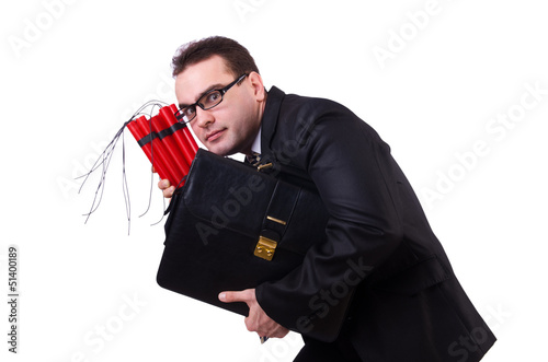 Photo: Businessman with dynamite isolated on white Businessman with dynamite isolated on white