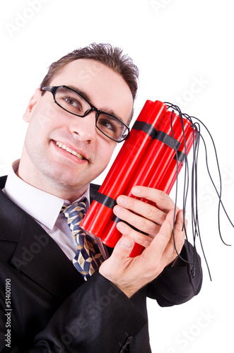 Photo: Businessman with dynamite isolated on white Businessman with dynamite isolated on white