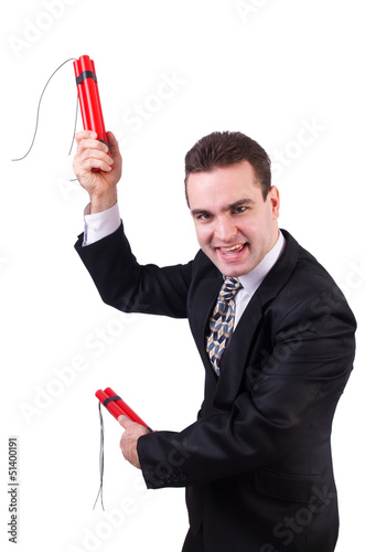Photo: Businessman with dynamite isolated on white Businessman with dynamite isolated on white