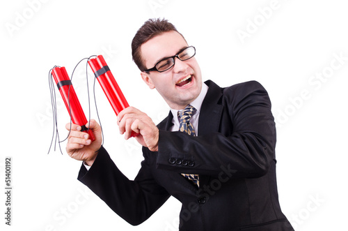Photo: Businessman with dynamite isolated on white Businessman with dynamite isolated on white