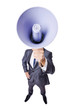 Young businessman with loudspeaker on white