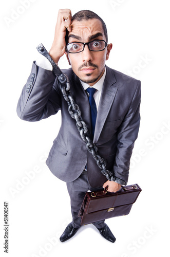 Photo: Businessman with handcuffs on white Businessman with handcuffs on white