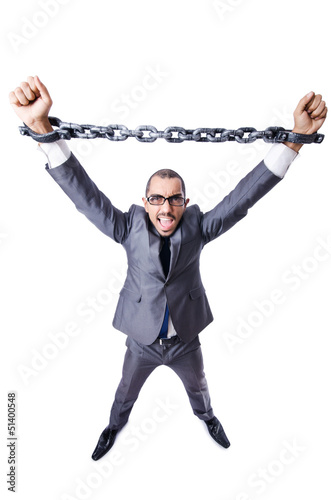 Photo: Businessman with handcuffs on white Businessman with handcuffs on white