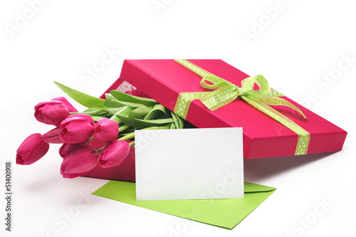 Photo: Pink tulips,blank card and gift box Pink tulips,blank card and gift box