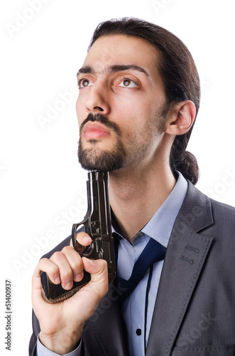 Photo: Businessman committing suicide isolated on white Businessman committing suicide isolated on white