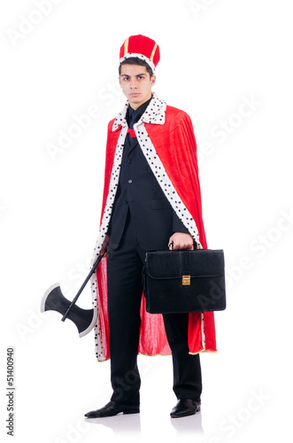 Photo: Businessman playing king isolated on white Businessman playing king isolated on white