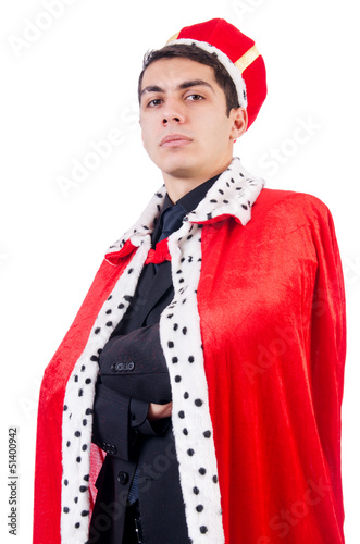 Photo: Businessman playing king isolated on white Businessman playing king isolated on white