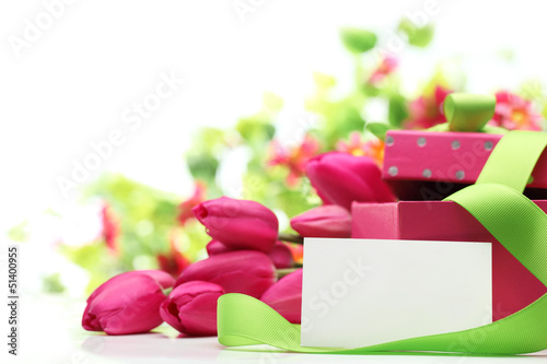 Photo: Pink tulips,blank card and gift box Pink tulips,blank card and gift box