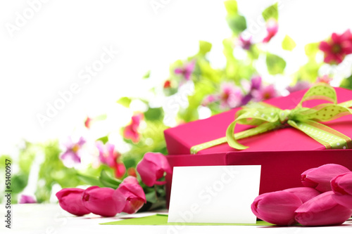 Photo: Pink tulips,blank card and gift box Pink tulips,blank card and gift box