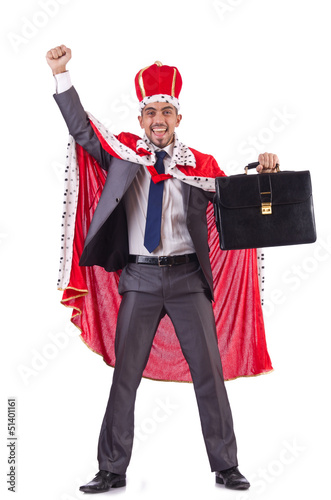 Photo: Businessman playing king isolated on white Businessman playing king isolated on white