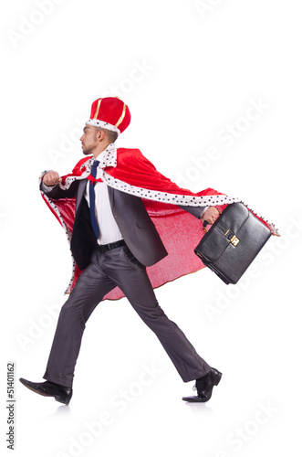 Photo: Businessman playing king isolated on white Businessman playing king isolated on white