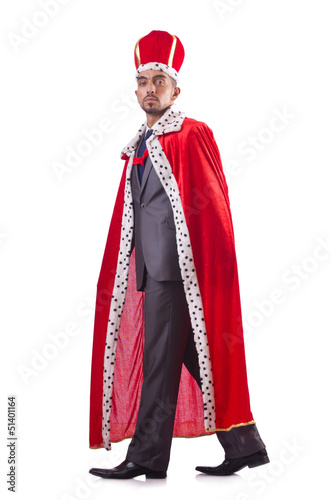 Photo: Businessman playing king isolated on white Businessman playing king isolated on white