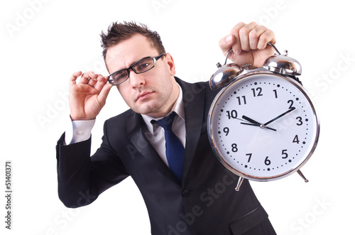 Photo: Businessman with clock isolated on white Businessman with clock isolated on white