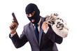 Gangster with bags of money on white