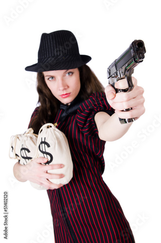Photo: Woman gangster with handgun on white Woman gangster with handgun on white