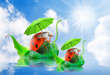 Two funny travelers going to holidays. Children's postcard.