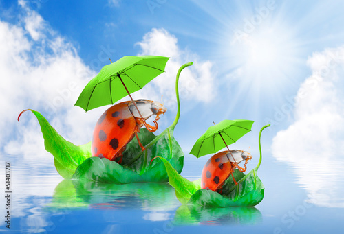Photo: Two funny travelers going to holidays. Children's postcard. Two funny travelers going to holidays. Children's postcard.