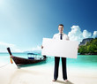 Foto: man on the beach of Thailand whith empty board in hand man on the beach of Thailand whith empty board in hand