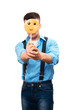 The guy is holding lollipop on a white