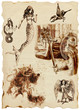 A large series of mystical creatures on an old sheet of paper