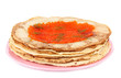 Delicious pancakes with red caviar isolated on white