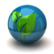Green leaf icon on blue sphere